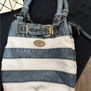 Vogue Denim and White Striped Shoulder Bag